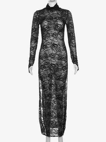 ハイスリットレースセクシーハイカラーロングスリーブレースドレス