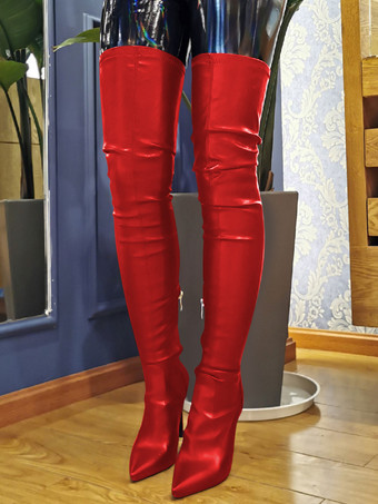 レッド ニーハイ ブーツ 本革 おしゃれ ハイヒール ポインテッドトゥ 秋 冬 ブラック