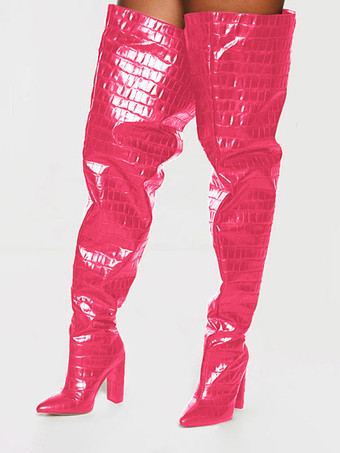 ローズレッドレディース ワイド ストーングレイン チャンキーヒール オーバーサイズ サイハイブーツ