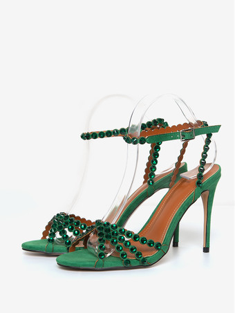 ハイヒールサンダル グリーン オープントゥ ラインストーン アンクルストラップ スティレットヒール プロム パーティーシューズ