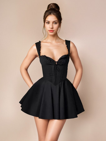 ブラック リトルブラックドレス タイフロント レースアップ ショート スウィングドレス