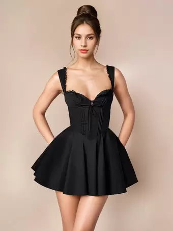 Little Black Dress Tie Front Lace Up Short Swing Dress