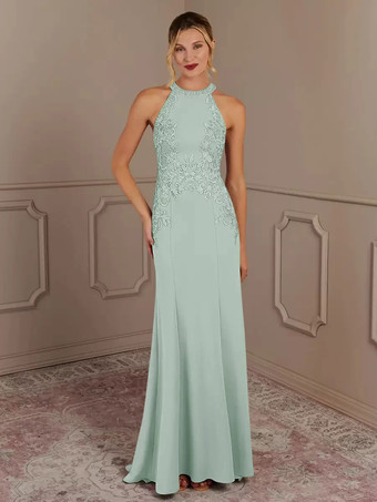 パステルグリーン花嫁の母親のためのパーティードレス ホルターネック ノースリーブ マーメイド ビーズ トレーン付き 結婚式用ゲストドレス