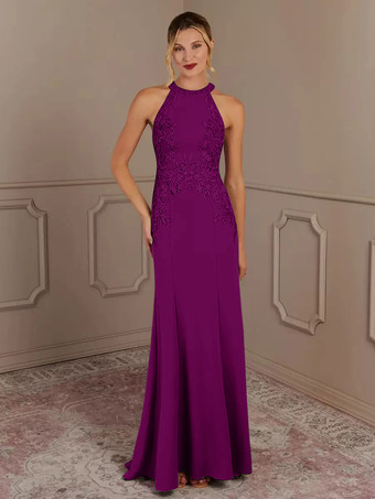 プラム花嫁の母親のためのパーティードレス ホルターネック ノースリーブ マーメイド ビーズ トレーン付き 結婚式用ゲストドレス