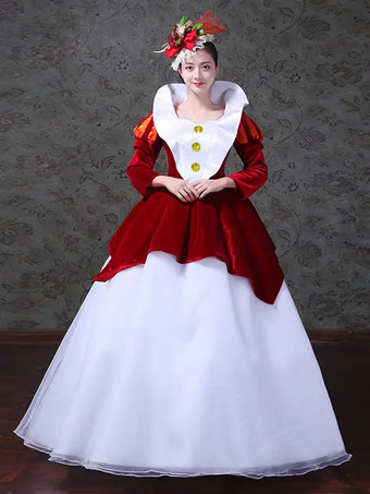 レッド レトロ コスチューム レディース カラーブロック プリーツ ポリエステル マリー アントワネット コスチューム セット ドレス 帽子 レトロ ビンテージ 衣類 バーガンディ