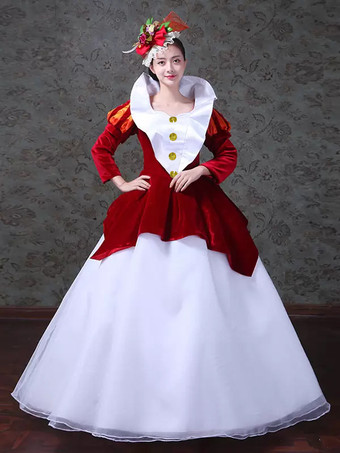 レッド レトロ コスチューム レディース カラーブロック プリーツ ポリエステル マリー アントワネット コスチューム セット ドレス 帽子 レトロ ビンテージ 衣類 バーガンディ