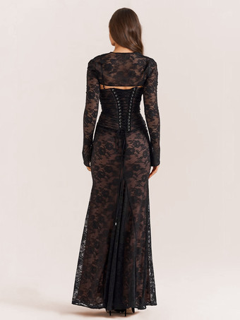 トランペットドレス レースアップ カットアウト 花柄 刺繍 長袖 プロムドレス