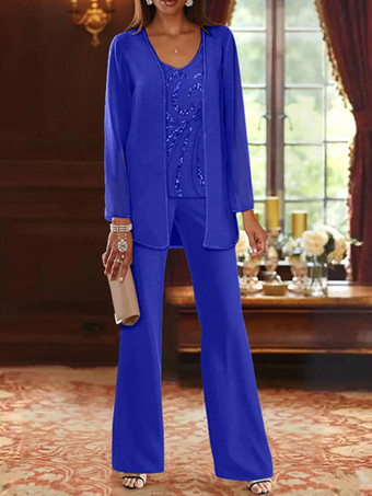 ロイヤルブルーマザードレス デザインネックライン 長袖 ツーピース スパンコール ウェディングゲストドレス