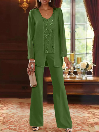 アボカドグリーンマザードレス デザインネックライン 長袖 ツーピース スパンコール ウェディングゲストドレス