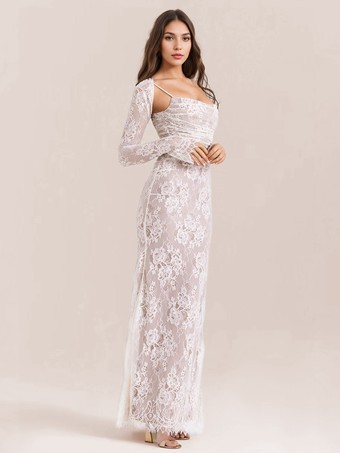 トランペットドレス レースアップ カットアウト 花柄 刺繍 長袖 プロムドレス