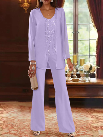 ライラックマザードレス デザインネックライン 長袖 ツーピース スパンコール ウェディングゲストドレス