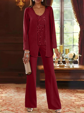 エンバーレッドマザードレス デザインネックライン 長袖 ツーピース スパンコール ウェディングゲストドレス