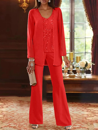 レッド マザードレス デザインネックライン 長袖 ツーピース スパンコール ウェディングゲストドレス