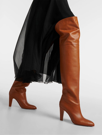 ブラウン ブラックニーハイブーツ レディース ポインテッドトゥ ハイヒールブーツ