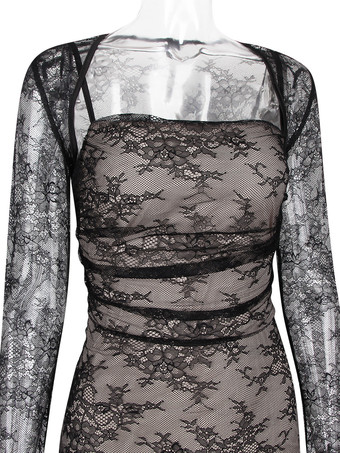 トランペットドレス レースアップ カットアウト 花柄 刺繍 長袖 プロムドレス