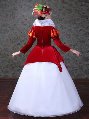 レッド レトロ コスチューム レディース カラーブロック プリーツ ポリエステル マリー アントワネット コスチューム セット ドレス 帽子 レトロ ビンテージ 衣類 バーガンディ