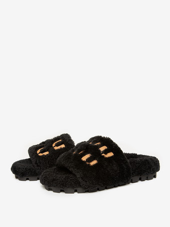 ブラック レディース ニットウール 冬用スライド フラット オープントゥ スライド