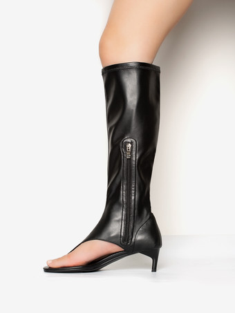 ブラック ミッドカーフブーツ レディース オープントゥ フリップフロップ キトンヒール エラスティックサンダルブーツ