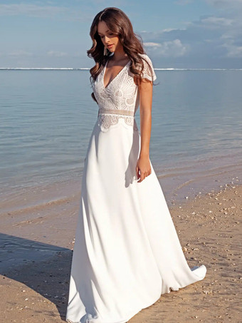 ボヘミアンウェディングドレス サテン生地 レース Aライン スイープ ウエスト上げ バックレス 半袖 Vネック アイボリー