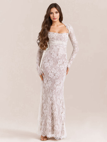 ホワイト トランペットドレス レースアップ カットアウト 花柄 刺繍 長袖 プロムドレス