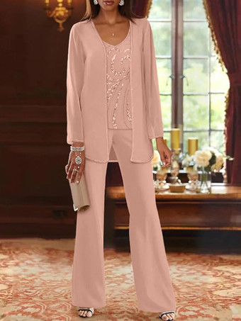 ピンクマザードレス デザインネックライン 長袖 ツーピース スパンコール ウェディングゲストドレス