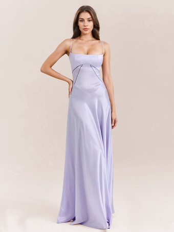 ライラックカラーCorest マキシドレス 調節可能なスパゲッティストラップ バックレス レースアップ プロムドレス
