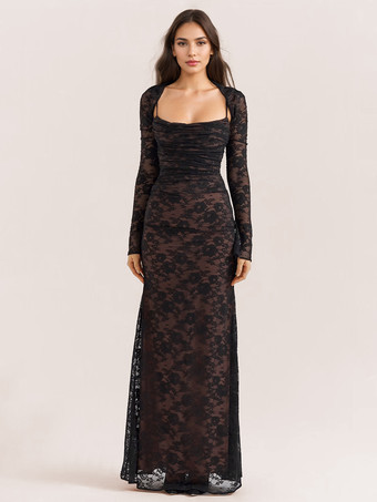 トランペットドレス レースアップ カットアウト 花柄 刺繍 長袖 プロムドレス