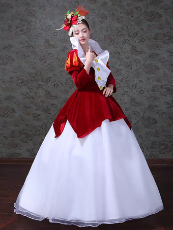 レッド レトロ コスチューム レディース カラーブロック プリーツ ポリエステル マリー アントワネット コスチューム セット ドレス 帽子 レトロ ビンテージ 衣類 バーガンディ