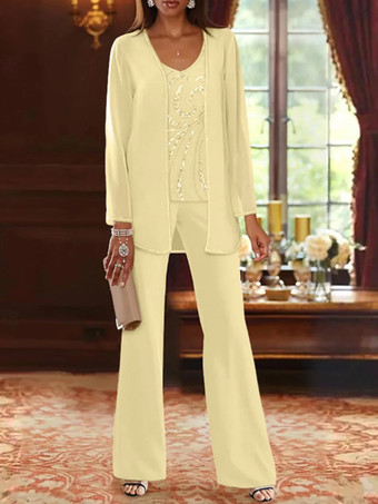 スイセン色マザードレス デザインネックライン 長袖 ツーピース スパンコール ウェディングゲストドレス