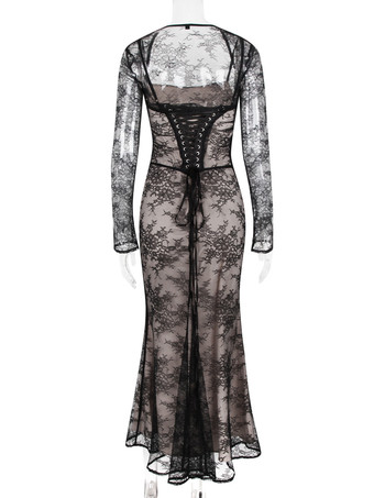 トランペットドレス レースアップ カットアウト 花柄 刺繍 長袖 プロムドレス