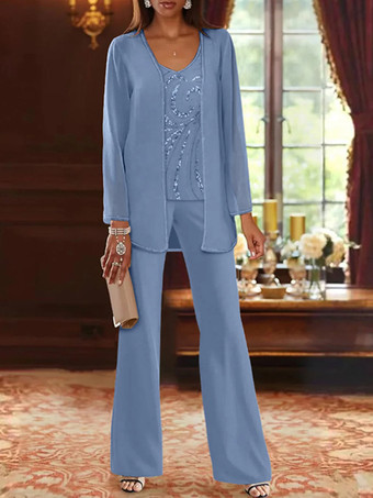 オーシャンブルーマザードレス デザインネックライン 長袖 ツーピース スパンコール ウェディングゲストドレス