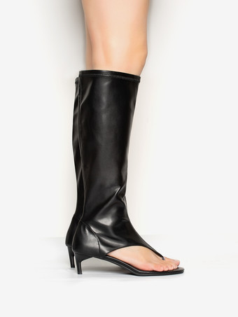 ブラック ミッドカーフブーツ レディース オープントゥ フリップフロップ キトンヒール エラスティックサンダルブーツ