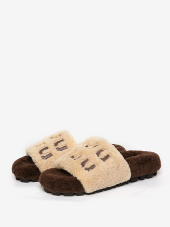 アイボリー レディース ニットウール 冬用スライド フラット オープントゥ スライド