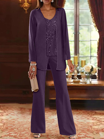 プラムマザードレス デザインネックライン 長袖 ツーピース スパンコール ウェディングゲストドレス