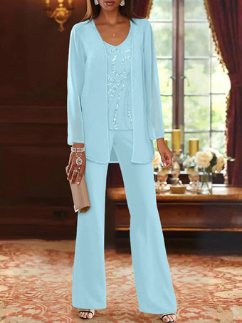 スカイブルー マザードレス デザインネックライン 長袖 ツーピース スパンコール ウェディングゲストドレス