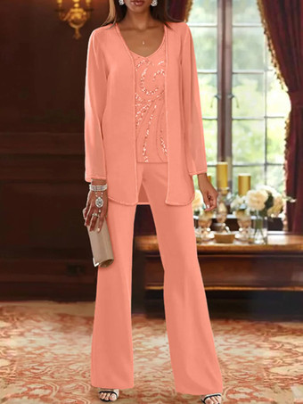 ピーチ ファズマザードレス デザインネックライン 長袖 ツーピース スパンコール ウェディングゲストドレス