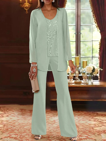 セージグリーンマザードレス デザインネックライン 長袖 ツーピース スパンコール ウェディングゲストドレス