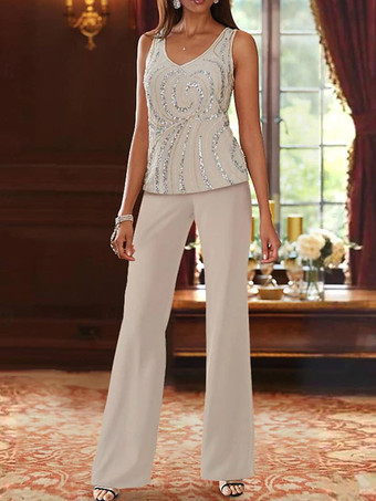 マザードレス デザインネックライン 長袖 ツーピース スパンコール ウェディングゲストドレス