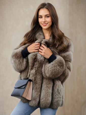 カーキ ふわふわフェイクファーコート クルーネック 冬 エコフレンドリー ファージャケット レディース 2025