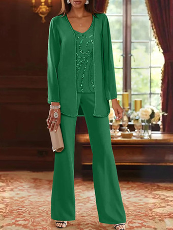 グリーン マザードレス デザインネックライン 長袖 ツーピース スパンコール ウェディングゲストドレス