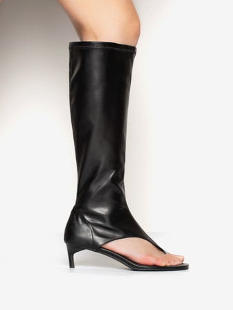 ブラック ミッドカーフブーツ レディース オープントゥ フリップフロップ キトンヒール エラスティックサンダルブーツ