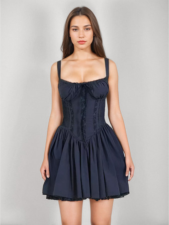 ダークネイビー夏用ミニドレス ホワイト ストラップ ネック レース コテージコア ドレス