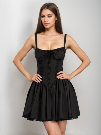 ブラック 夏用ミニドレス ホワイト ストラップ ネック レース コテージコア ドレス