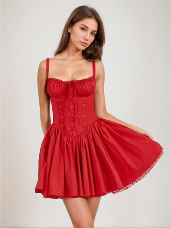 夏用ミニドレス ホワイト ストラップ ネック レース コテージコア ドレス