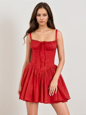 レッド 夏用ミニドレス ホワイト ストラップ ネック レース コテージコア ドレス