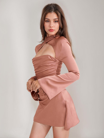 シャーリング ミニ ドレス カットアウト フリル 袖 バックレス 誕生日パーティー ドレス