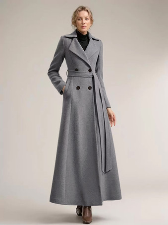 グレイレディース フルレングス ウールコート ワイドノッチドラペル ダブルブレスト ベルト付き 冬アウター 無地 2025
