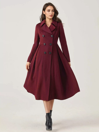 ワインレッド グリーン ウール フレアコート ダブルブレスト ワイドラペル 冬 Aライン ミディ アウターウェア 2025