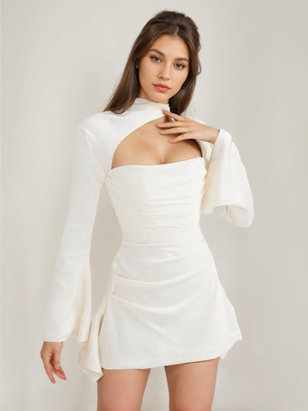 ホワイト シャーリング ミニ ドレス カットアウト フリル 袖 バックレス 誕生日パーティー ドレス