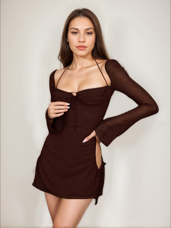 ブラウン ボディコンドレス バックレス ホルターネック プリーツフロント セクシー ミニ ペンシルドレス